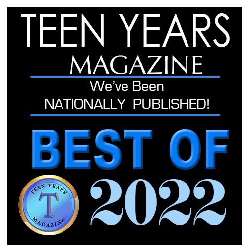 Teen Years Magazine promotional banner showcasing their Best of 2022 national publication achievement and blue seal logo.