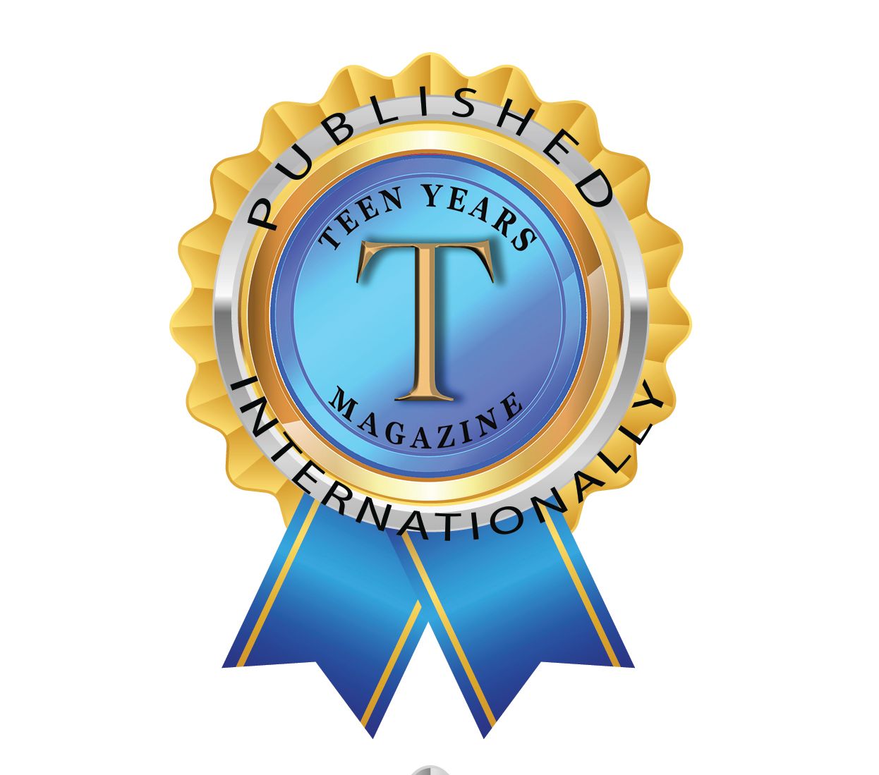 A blue and gold badge-shaped logo with 'Published Internationally' text and letter T in the center with Ten Years Magazine.