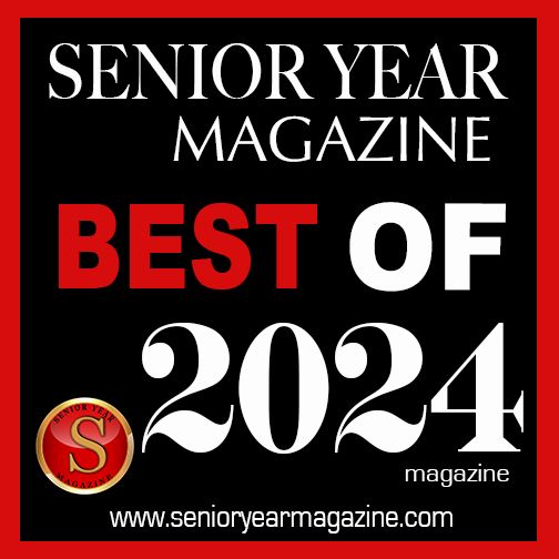 Senior Year Magazine 'Best of 2024' cover design featuring black and red text on black background with circular logo.