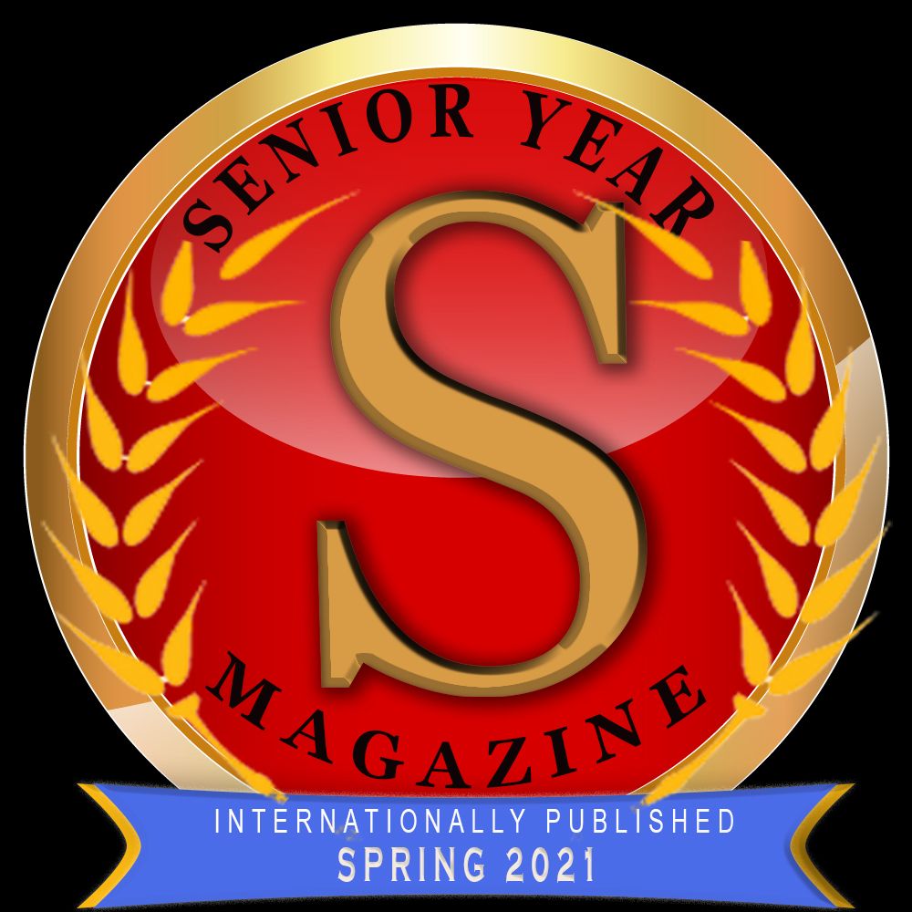 A red and gold circular logo design for Senior Year Magazine Spring 2021 with a blue ribbon banner.