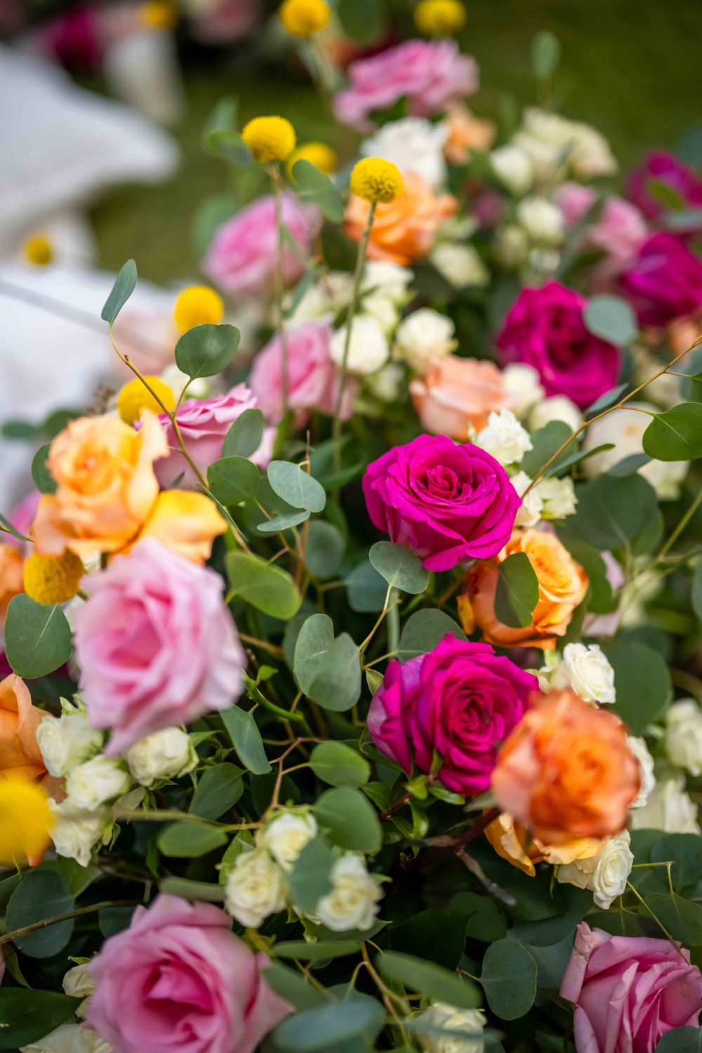 Vibrant arrangement of magenta, pink and peach roses interspersed with yellow craspedia flowers.