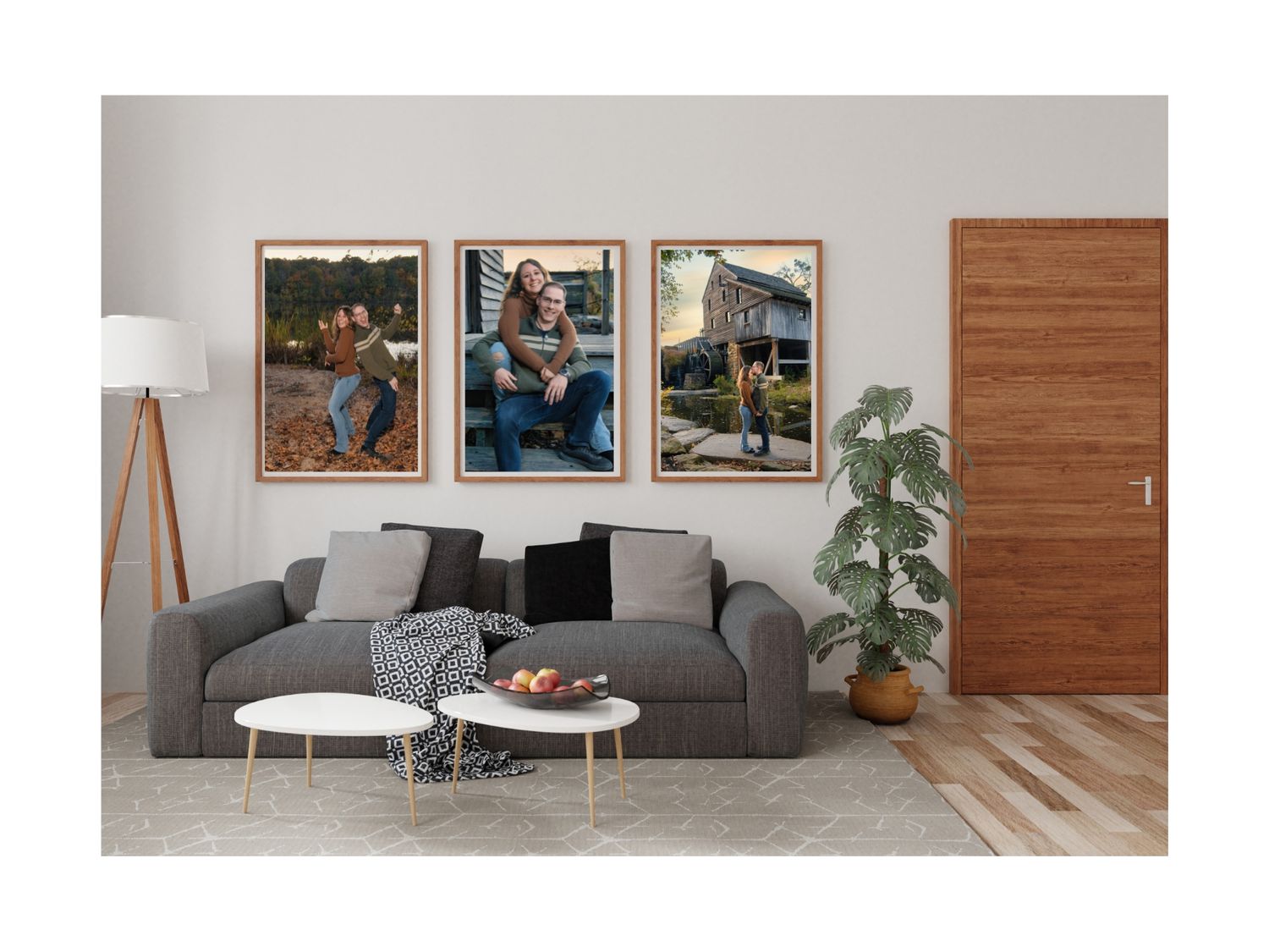 Modern living room interior with framed photos, gray sofa, round coffee tables and wooden accents.