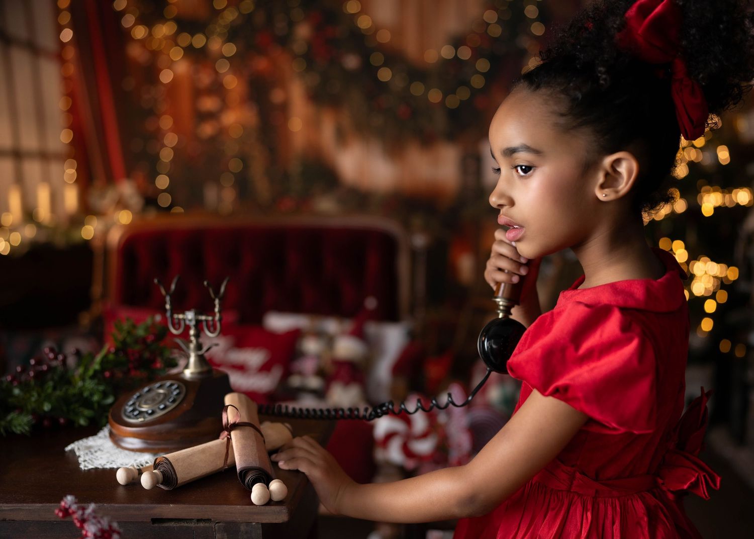 A person in a red holiday dress sits at a festively decorated table with Christmas lights and ornaments in the background.