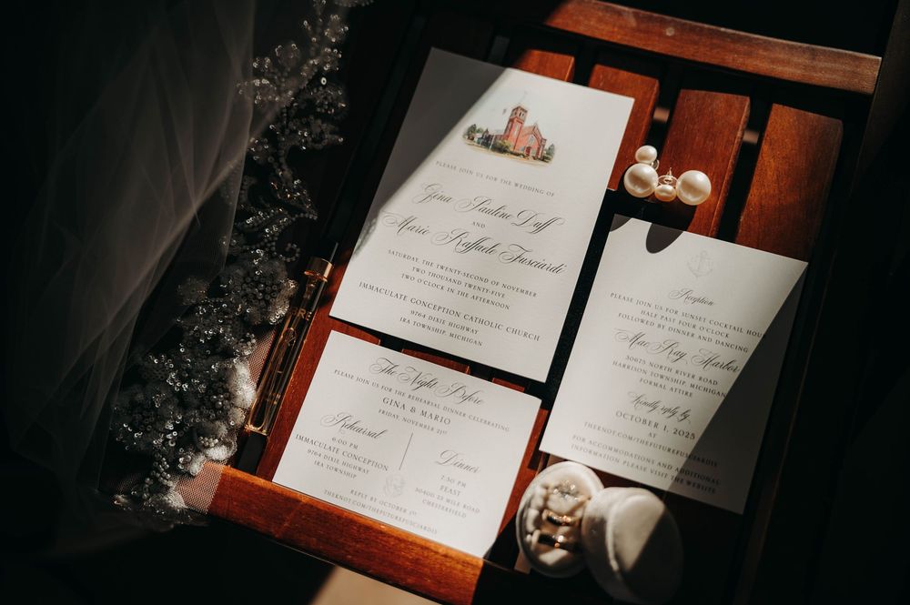 Classic wedding stationery suite with church illustration, pearl earrings, and ring box details.