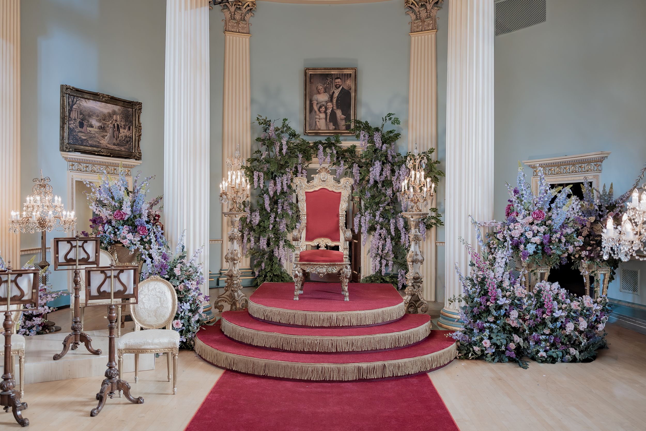 Bridgerton ballroom setup at Newark Town Hall in Nottinghamshire, photographed behind the scenes for the Netflix production.