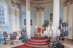 Bridgerton ballroom setup at Newark Town Hall in Nottinghamshire, photographed behind the scenes for the Netflix production.