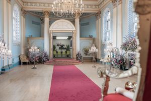 Bridgerton ballroom setup at Newark Town Hall in Nottinghamshire, photographed behind the scenes for the Netflix production.