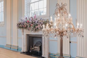 Bridgerton ballroom setup at Newark Town Hall in Nottinghamshire, photographed behind the scenes for the Netflix production.
