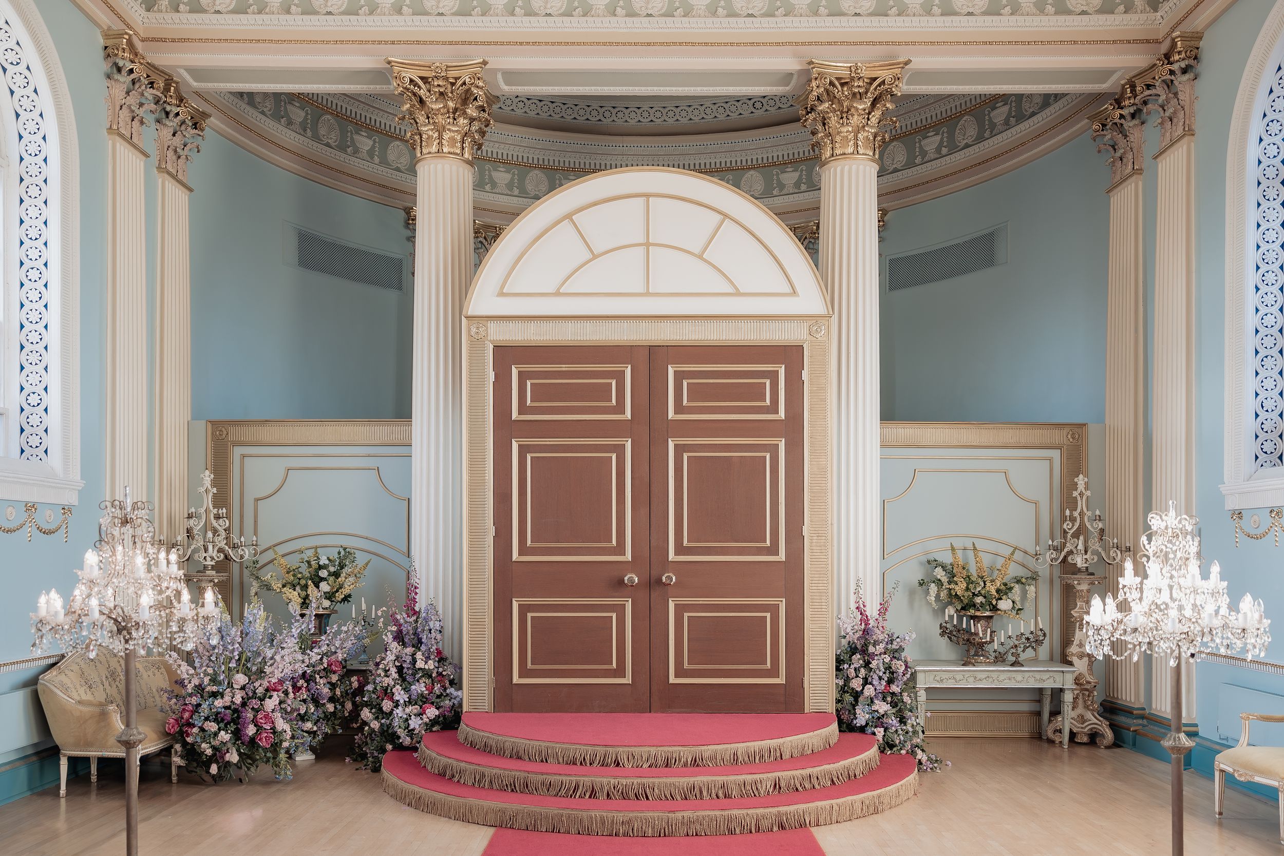 Bridgerton ballroom setup at Newark Town Hall in Nottinghamshire, photographed behind the scenes for the Netflix production.