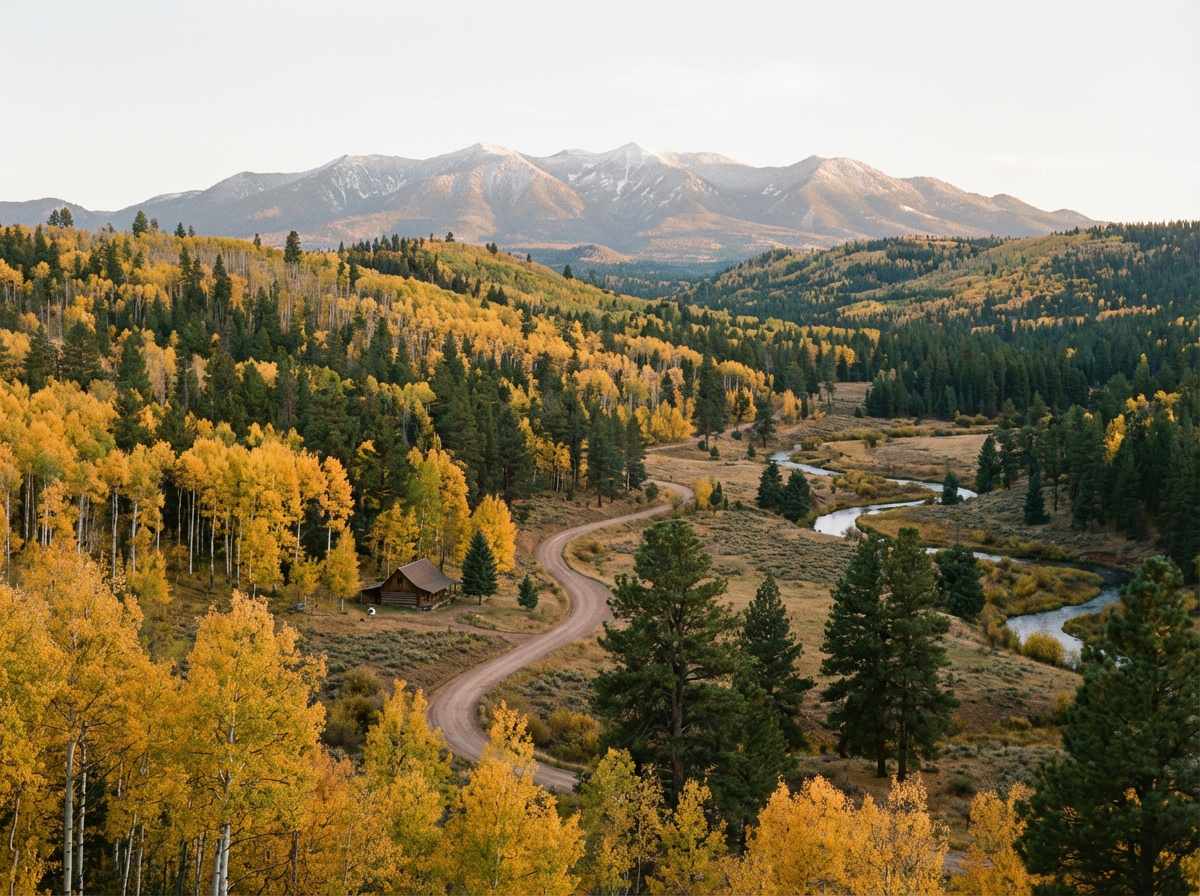 Winding mountain road through colorful fall foliage and evergreen trees in Colorado landscape.