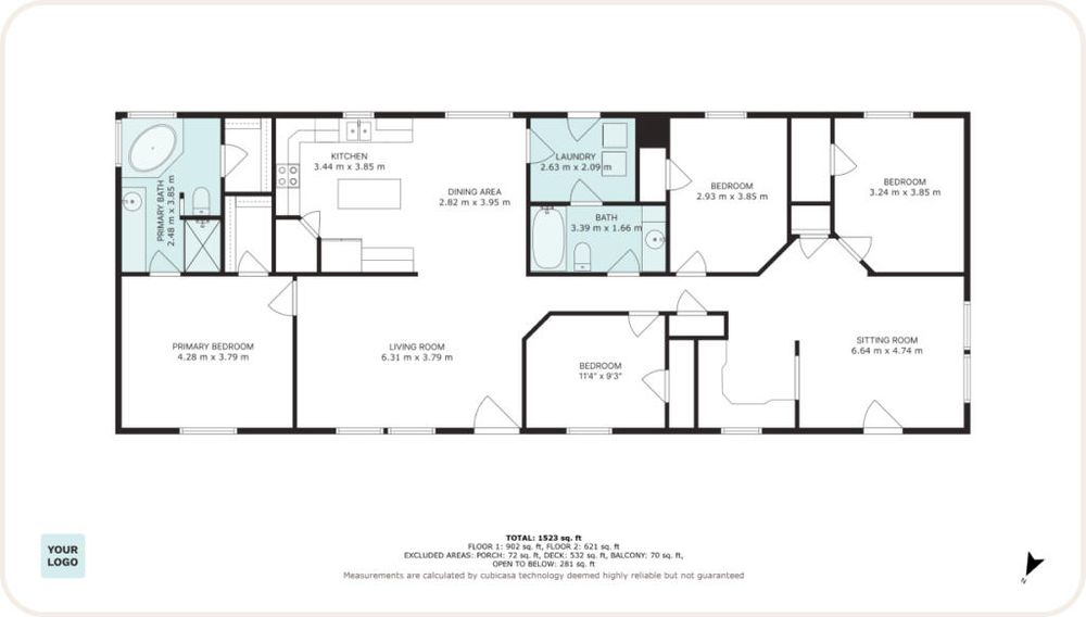 Architectural floor plan showing layout of rooms, bathrooms, and dimensions in a residential design.