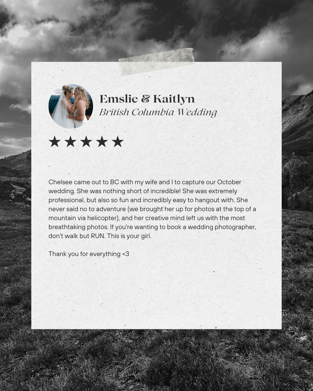A 5-star wedding review testimonial displayed on a dramatic black and white stormy sky background.