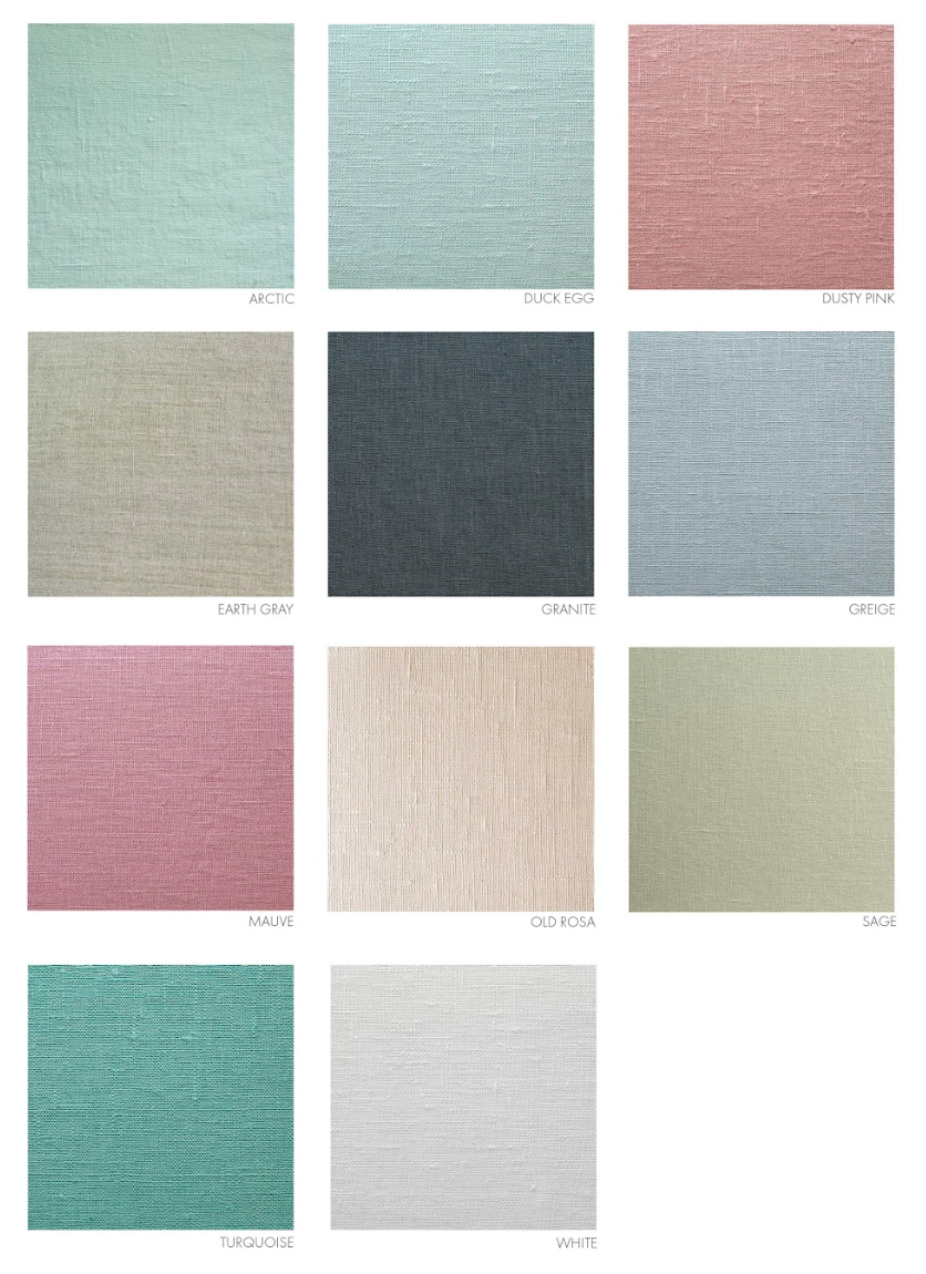 A color swatch collection featuring muted pastel tones of mint green, dusty rose, sage, and gray textured fabric samples.