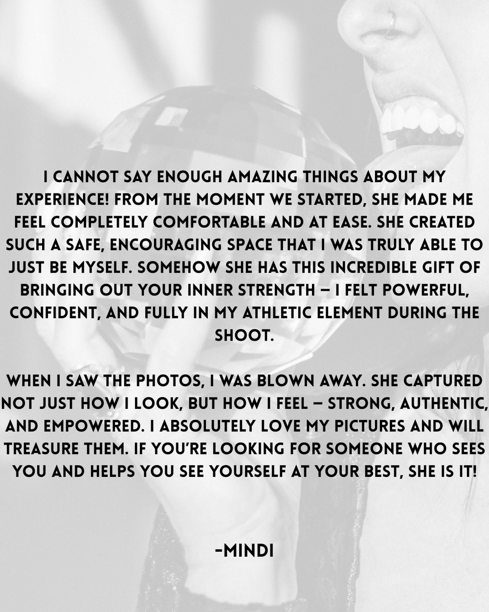 Testimonial text on a light background praising a photography experience with emphasis on comfort and authenticity.