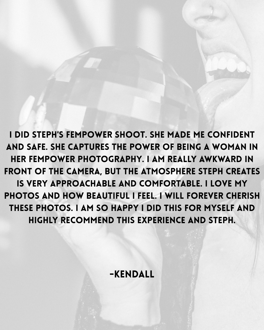 Customer review text describing a positive fempower photography session and the photographer's approachable style.