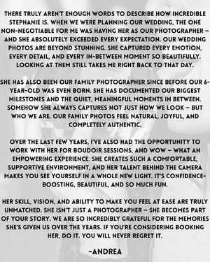 A heartfelt testimonial text in black and white praising a photographer's work and impact on capturing special moments.