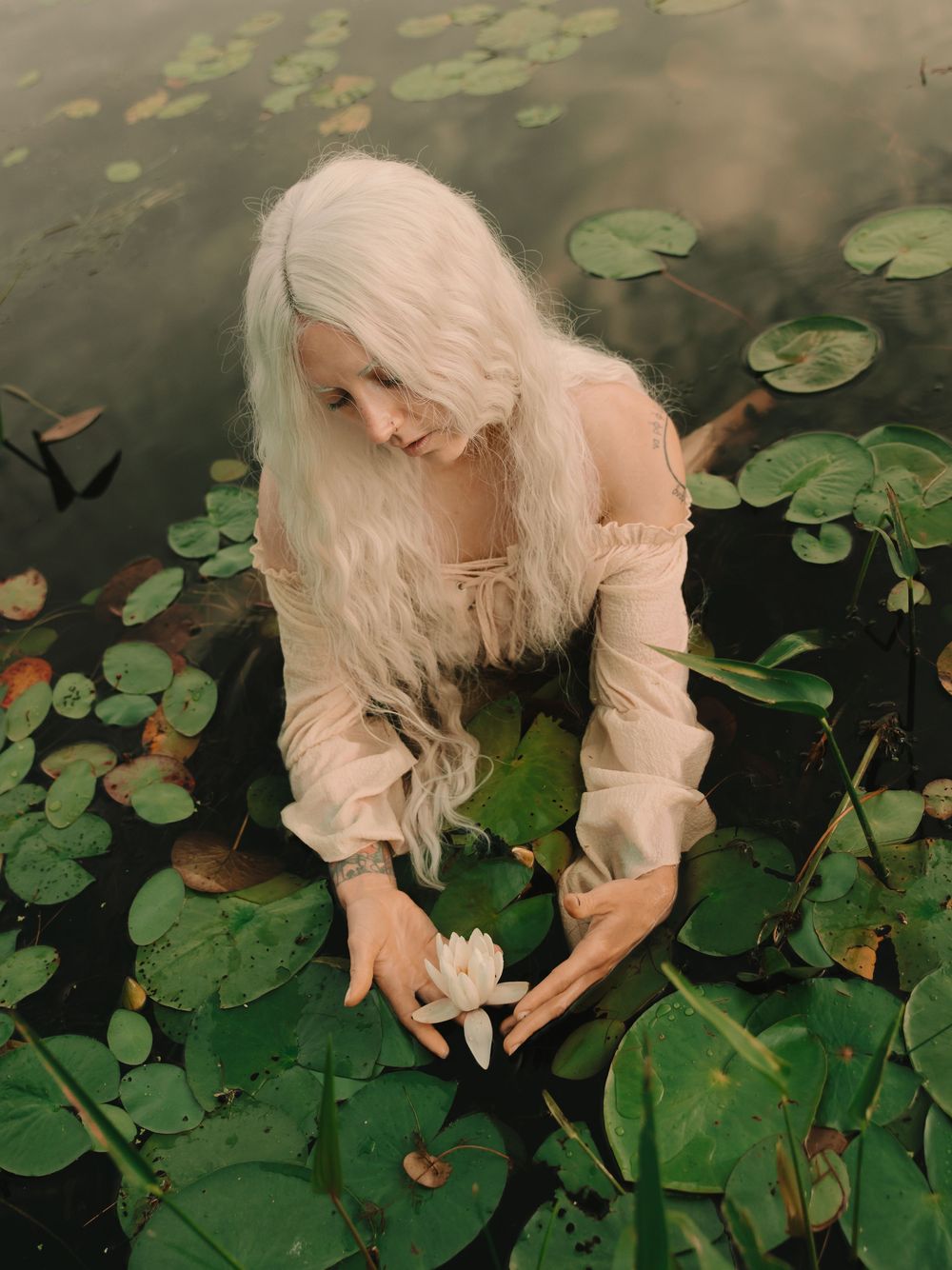 Elven fantasy woman with long white hair floating in a pond full of lilypads holding a waterlily
