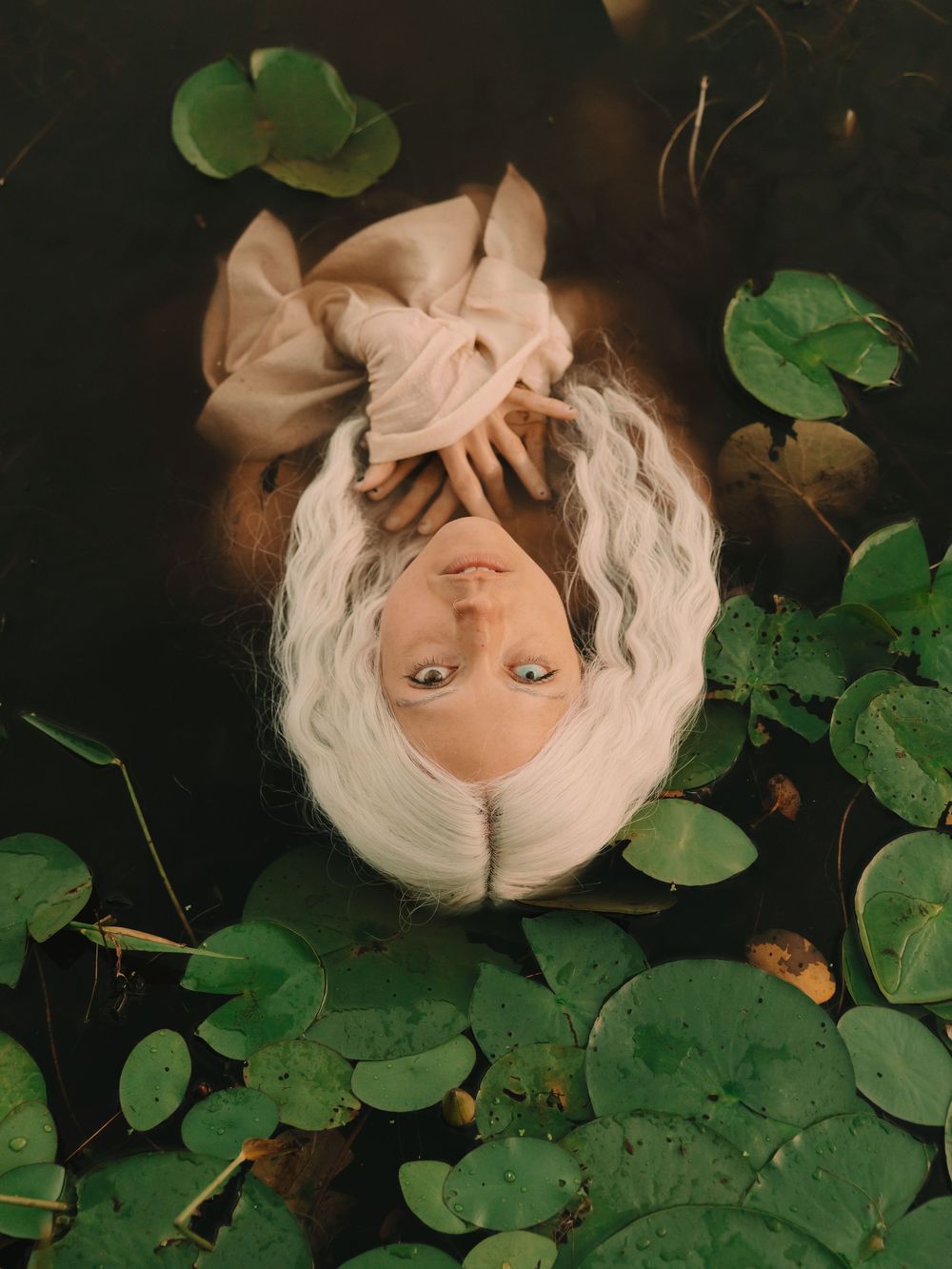 Elven fantasy woman with long white hair floating in a pond full of lilypads