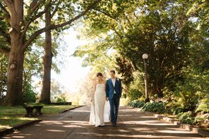 A panoramic view of a tree-lined pathway with sunlight filtering through the branches during a wedding ceremony.