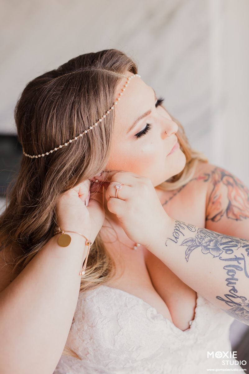 A delicate gold chain headpiece adorns someone's hair in a series of romantic bridal portraits.