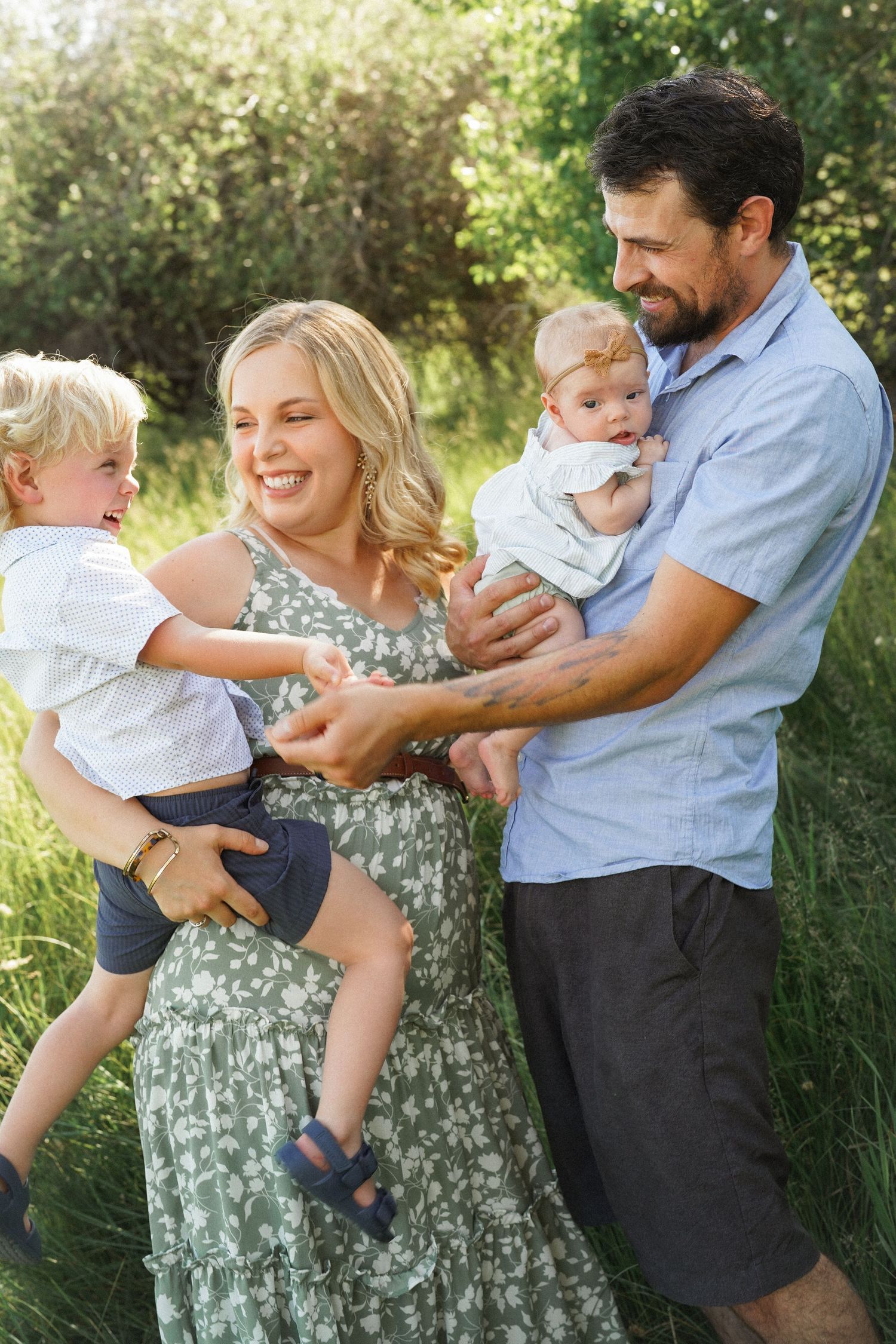 A family shares joyful moments together outdoors in a series of candid photos showing playful interaction and laughter.