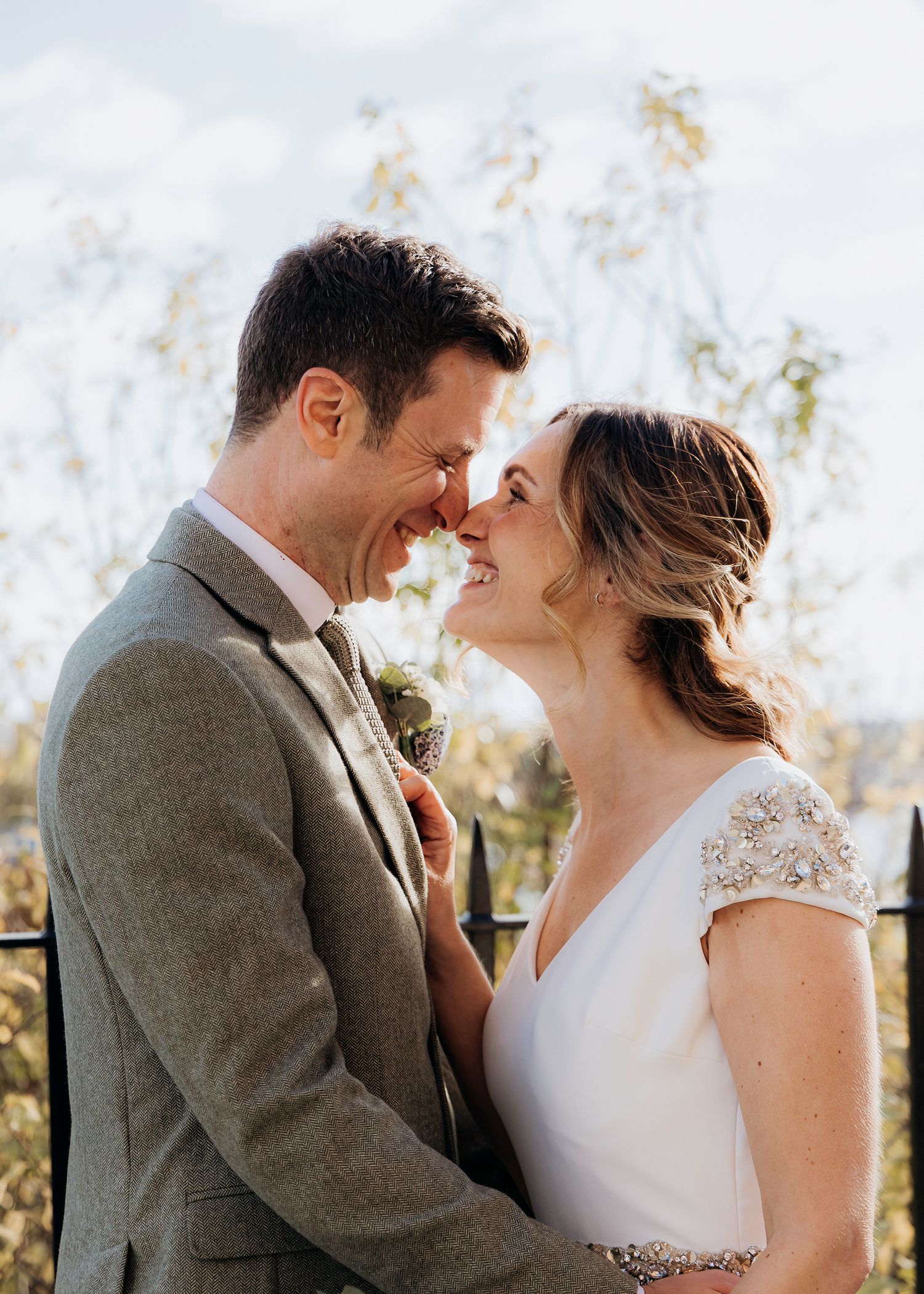 Intimate wedding portrait sequence showing joyful laughter and tender moments outdoors.