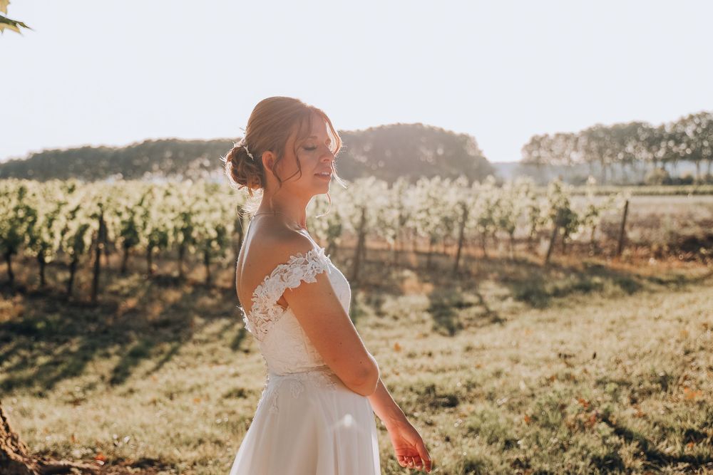 Bride in lace wedding dress standing in sunlit vineyard, smiling serenely outdoors.