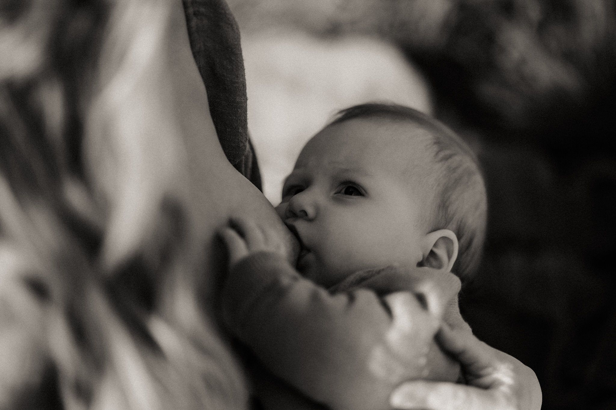 A baby nursing in black and white monochromatic photography with soft lighting and shadows.