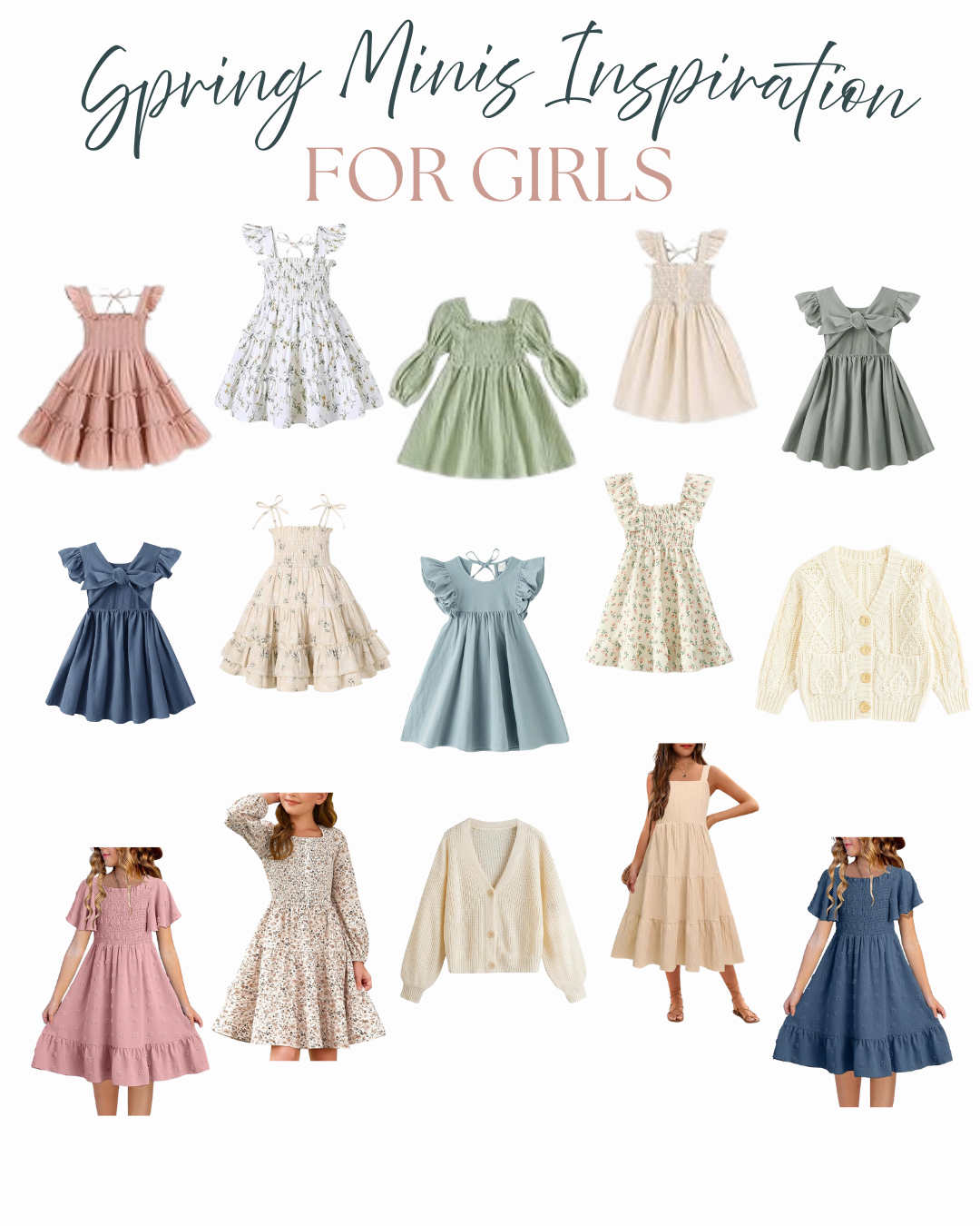 A collection of vintage-inspired spring dresses for girls featuring soft pastels, floral prints, and classic silhouettes.