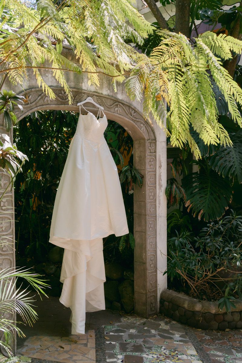 An elegant white wedding dress hangs from a stone archway surrounded by lush tropical ferns and foliage.