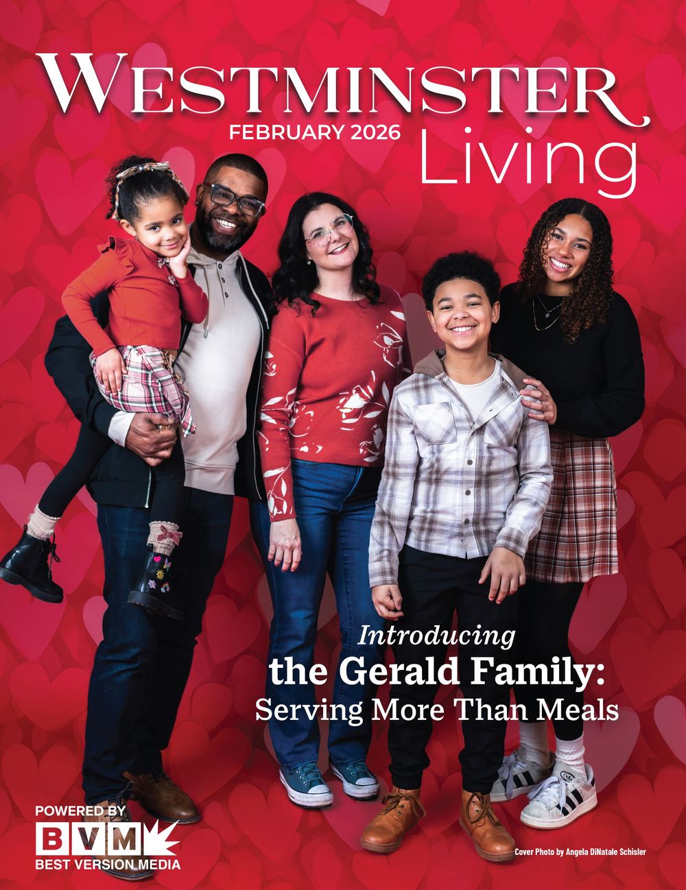 Magazine cover of Westminster Living from February 2026 featuring a family group in red and casual attire against a red background.