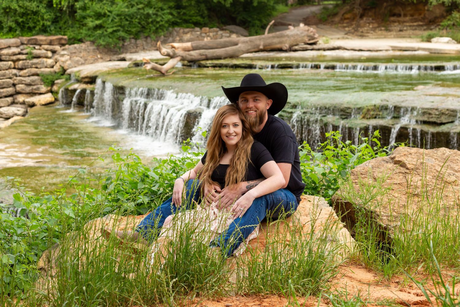 Airfield Falls waterfall in Fort Worth Texas area. Couples / Engagement session with waterfall in Fort Worth Dallas Texas area