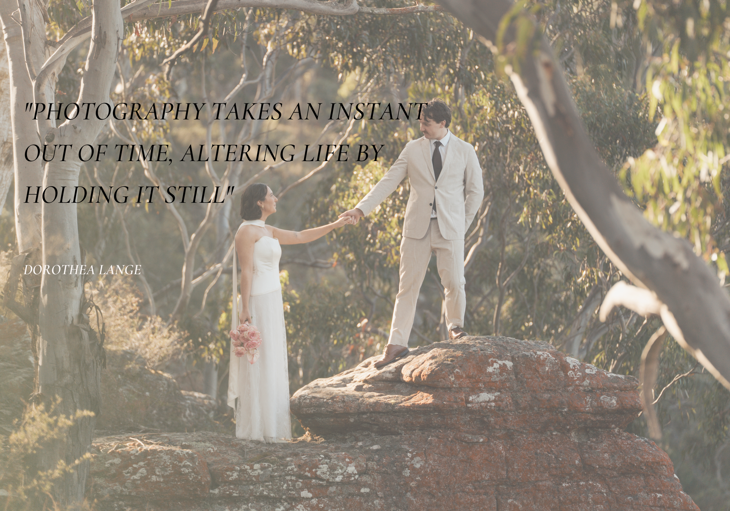 Couple sharing a romantic kiss on a bridge surrounded by lush trees, with an inspiring quote about beautiful moments.