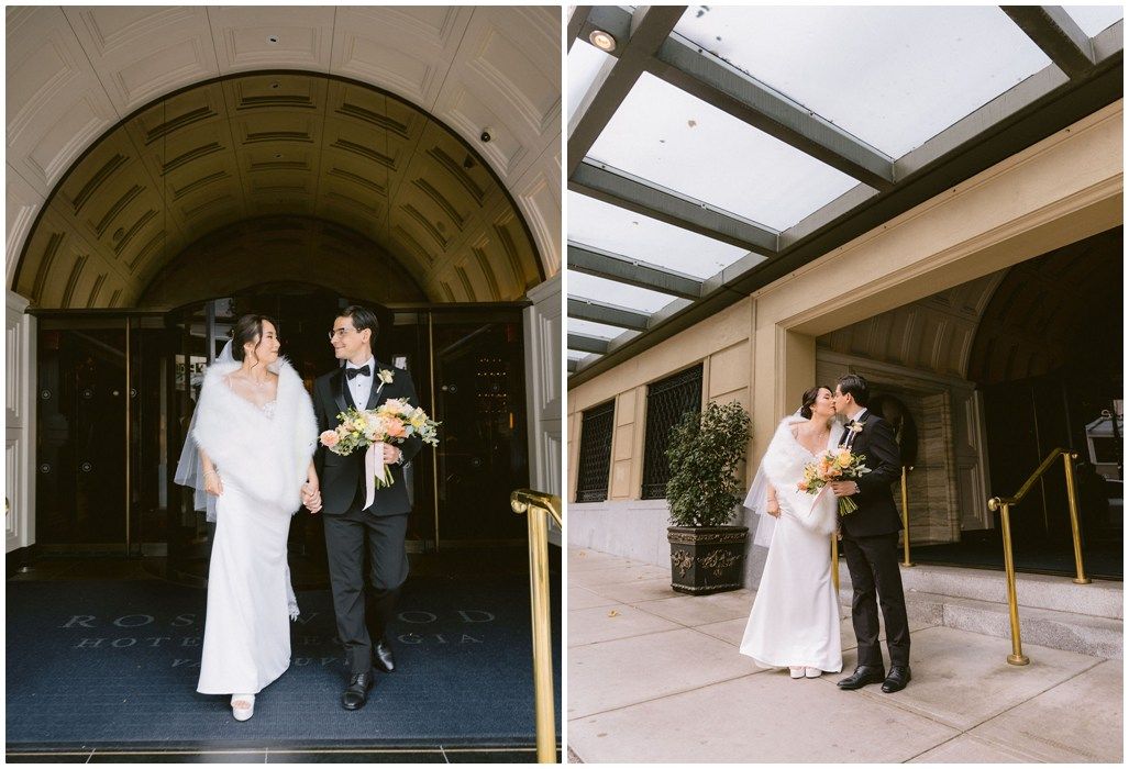 A series of romantic wedding photographs showing couples walking through elegant arched hallways and corridors.