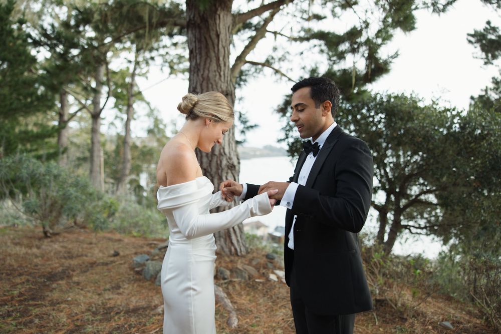 Wedding first look at Marconi Lodge overlooking Tomales Bay in Northern California