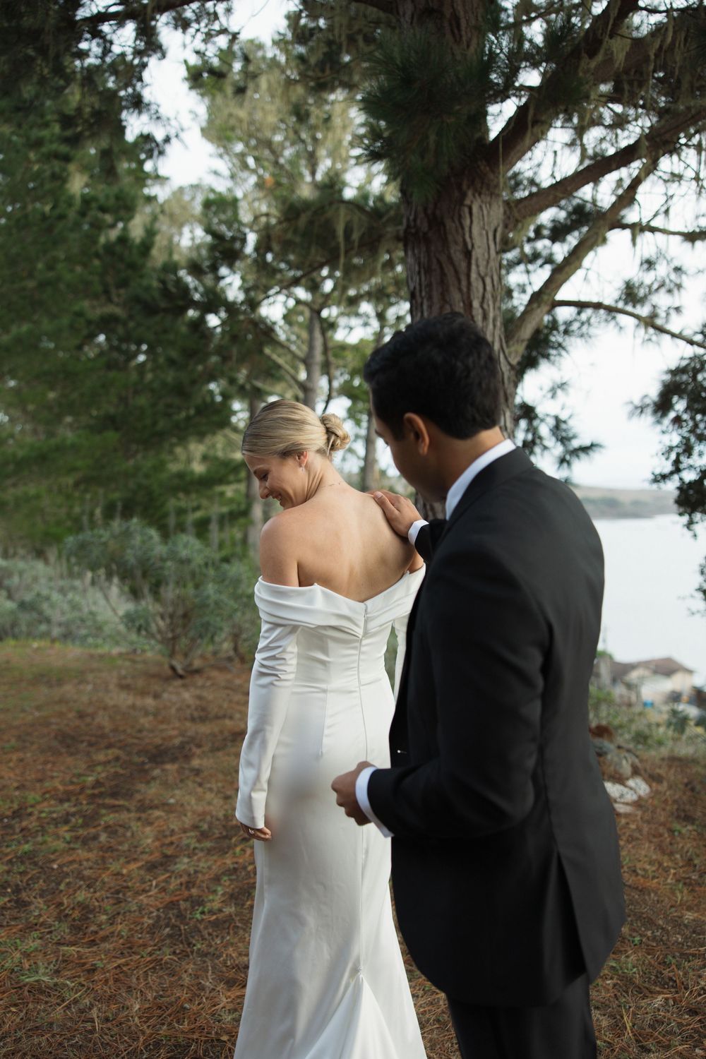 Wedding first look at Marconi Lodge overlooking Tomales Bay in Northern California