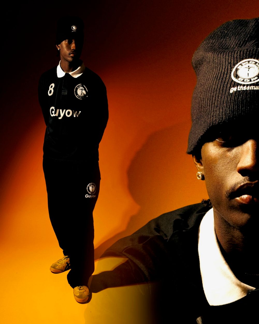 Figure in black clothing and beanie against orange gradient background with dramatic lighting effect.
