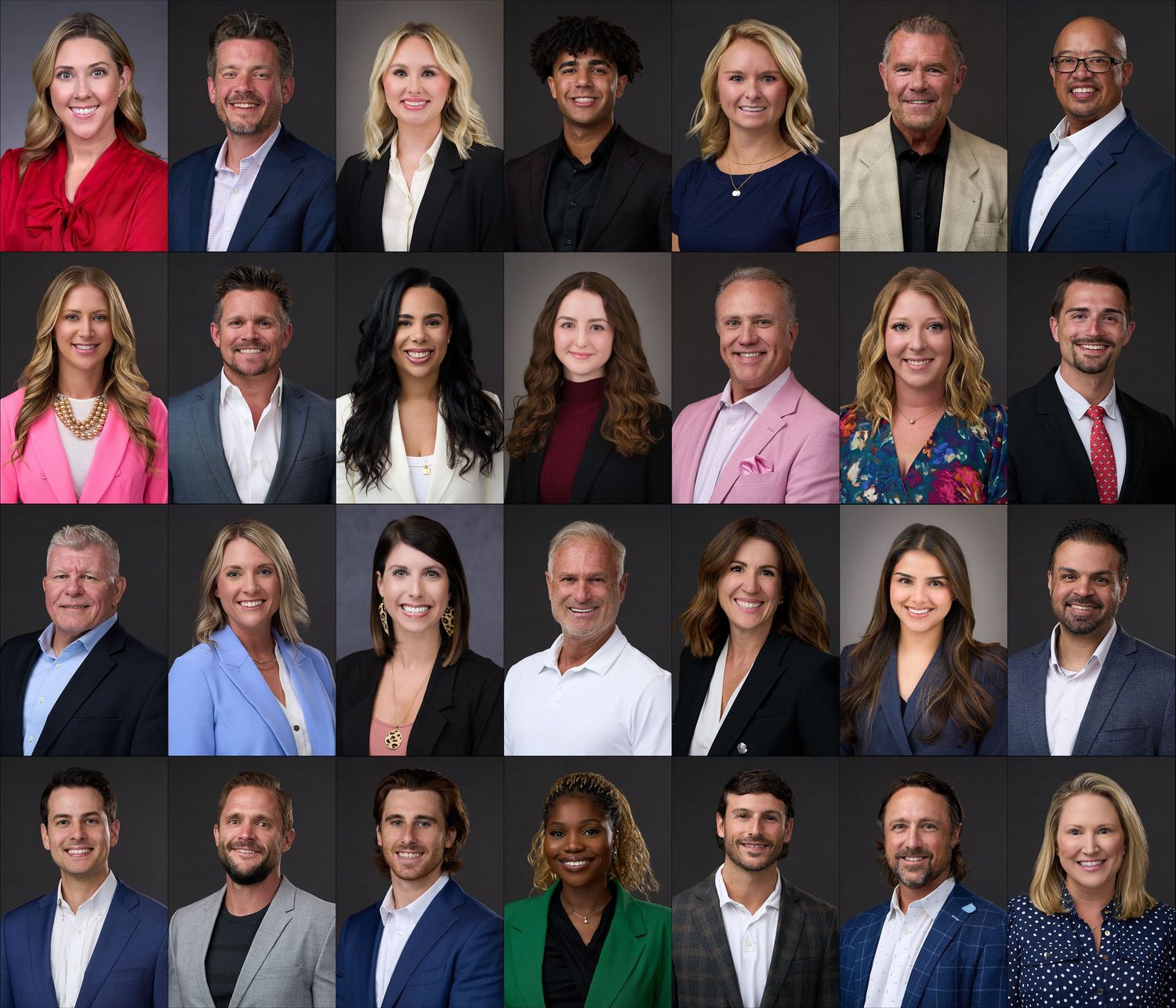 Professional corporate headshots of business team members arranged in a grid layout against dark backgrounds.