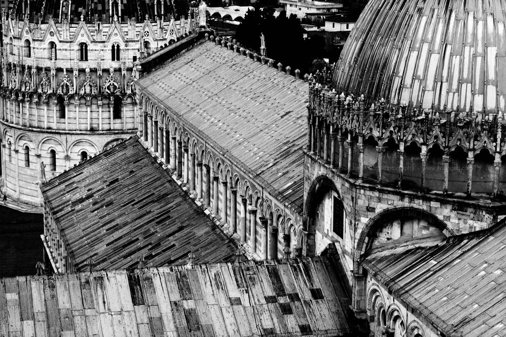 Aerial black and white view of ornate cathedral architecture with detailed rooflines and domes.