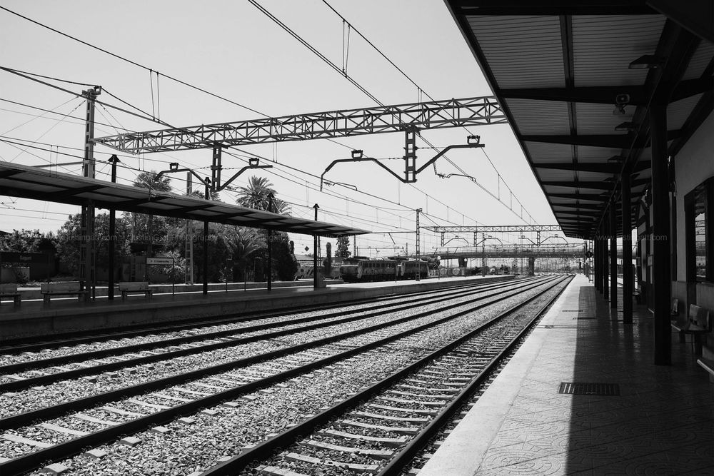 Empty train platform with overhead power lines and multiple railway tracks extending to the horizon.
