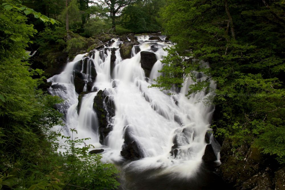 Cascading waterfall flowing through dark rocks and green forest vegetation.