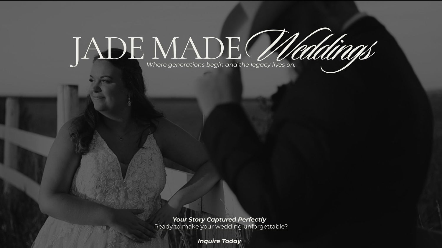 A black and white wedding photo collage showing elegant venue details, floral arrangements and reception moments.