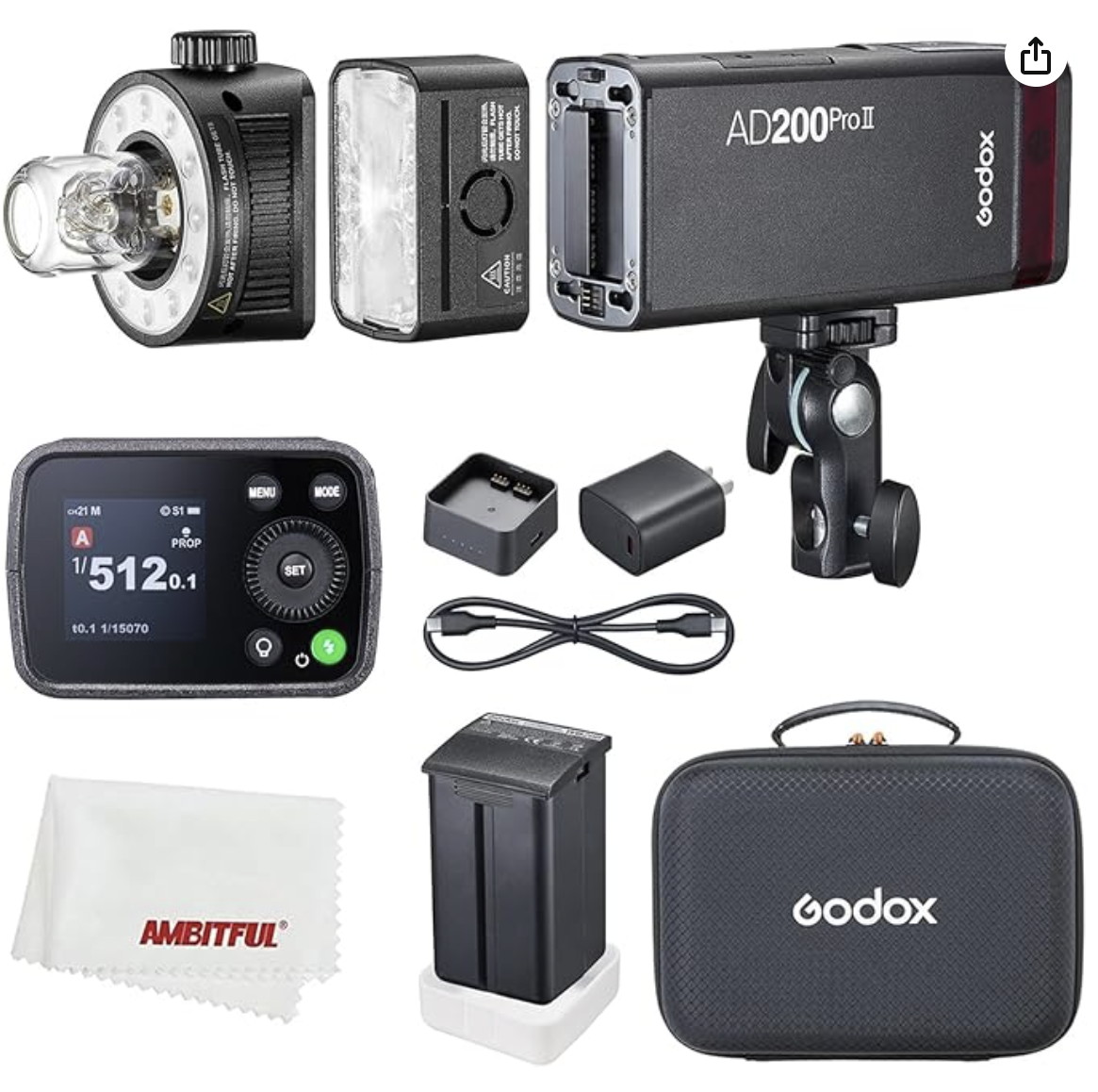 Professional camera equipment and accessories including flashes, batteries, cases, and lighting gear laid out on white surface.