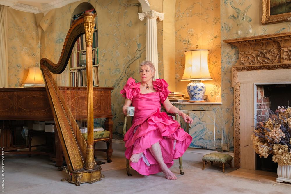 A series of elegant interior photographs showing a grand harp and pink dress in a historic mansion setting.