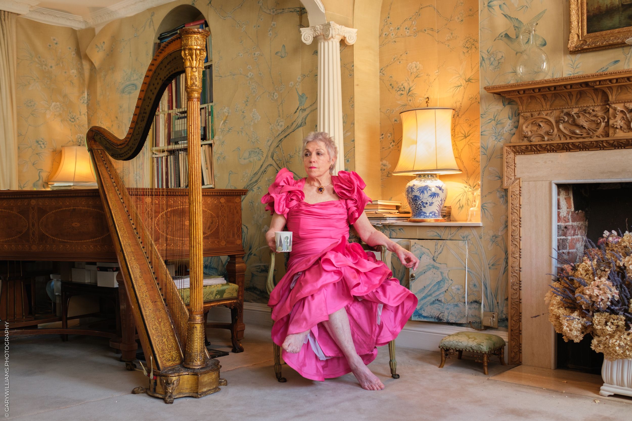 A series of elegant interior photographs showing a grand harp and pink dress in a historic mansion setting.