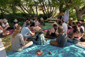 Outdoor social gathering with people seated on blankets under tree canopy.