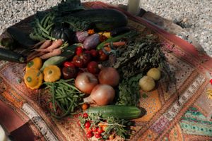 Fresh harvested vegetables and produce arranged on colorful patterned cloth or blanket.