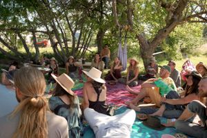 People gathered on blankets under trees for an outdoor community event.