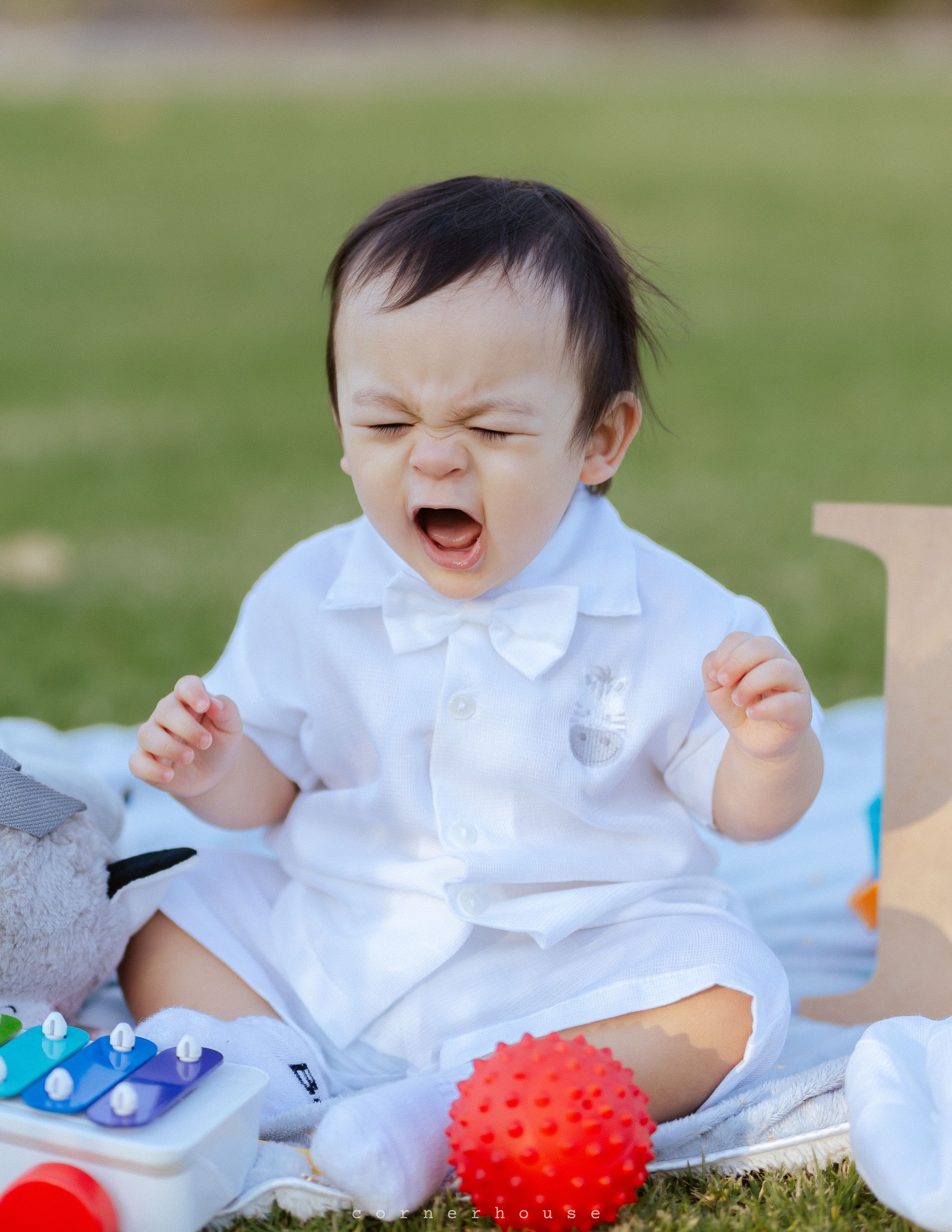Baby wearing white outfit sitting on blanket outdoors with colorful toys including red ball and toy xylophone.
