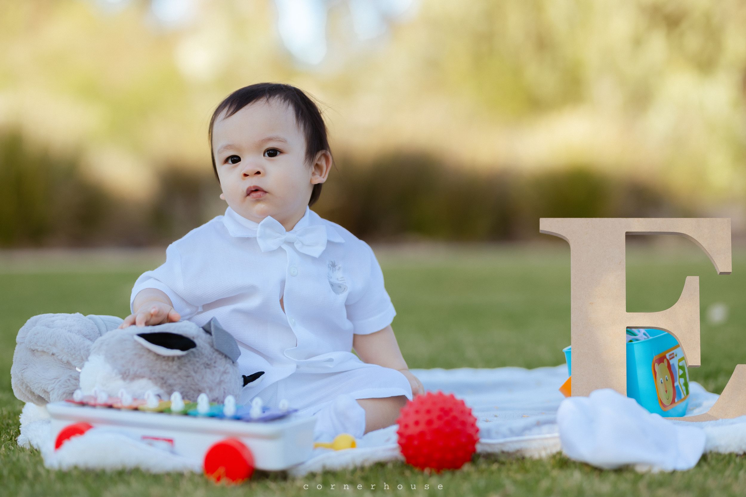 A collage of images showing a baby in a white outfit sitting outdoors on grass with festive red pom pom decorations.